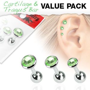 Set tří ocelových piercingů do ucha, kulaté zelené kamínky
