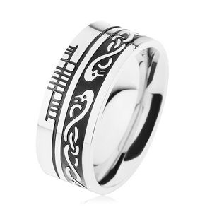 Široký prsten, ocel 316L, černý pruh, keltský vzor, lem stříbrné barvy - Velikost: 62