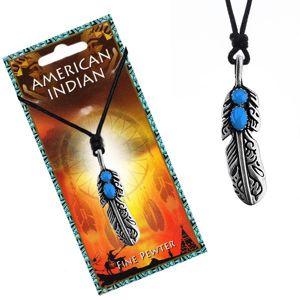 Šňůrkový náhrdelník s indiánským pírkem a modrými očky
