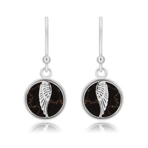 Stříbrné 925 náušnice - kruh s andělským křídlem, černá glazura s mramorovým vzorem