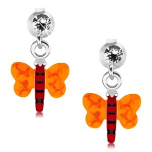 Stříbrné 925 náušnice, motýlek s červeným tělem a oranžovými křídly