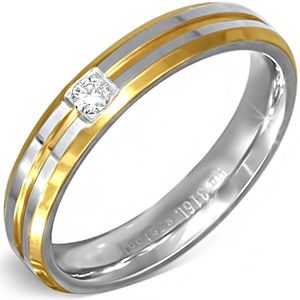 Stříbrno-zlatý prsten z oceli s malým čirým zirkonem - Velikost: 52