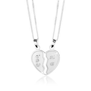 Stříbrný 925 náhrdelník, dvojpřívěsek - přelomené srdce, nápisy "YOU" a "ME"