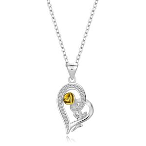 Stříbrný 925 náhrdelník - kontura srdce se zirkony, růže s hlavičkou ve zlaté barvě