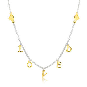 Stříbrný 925 náhrdelník - lesklá srdíčka a nápis "LOVED" ve zlatém odstínu