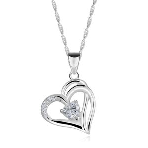 Stříbrný 925 náhrdelník - obrys srdce s dvojitou polovinou, srdíčko se zirkony, zirkony