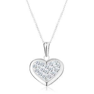 Stříbrný 925 náhrdelník, přívěsek na řetízku, souměrné srdce zdobené zirkony