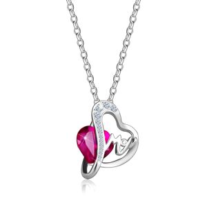 Stříbrný 925 náhrdelník - tmavě růžový zirkon, čirá zirkonová linka, nepravidelné srdce, písmena MOM
