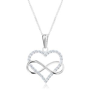 Stříbrný 925 náhrdelník, zirkonový obrys srdce a symbol nekonečna
