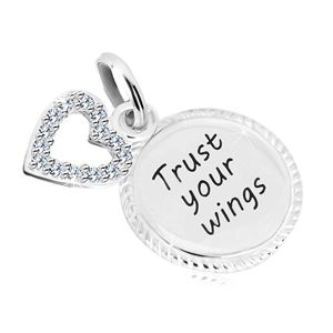 Stříbrný 925 přívěsek - kroužek s nápisem "Trust your wings", kontura srdce se zirkony