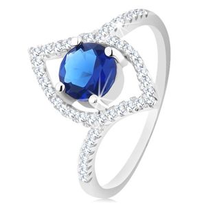 Stříbrný 925 prsten, blýskavý obrys zrnka, kulatý modrý zirkon - Velikost: 56