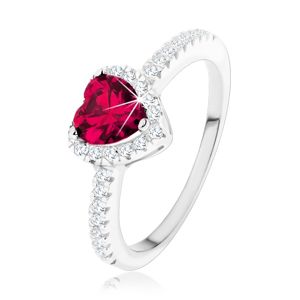 Stříbrný 925 prsten - červené srdce s čirým zirkonovým lemem - Velikost: 58
