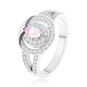 Stříbrný 925 prsten, čirý zirkonový kroužek se  světle růžovým zirkonem - Velikost: 49
