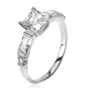 Stříbrný 925 prsten, čtvercový zirkon, čtyři menší kameny v ramenech - Velikost: 54
