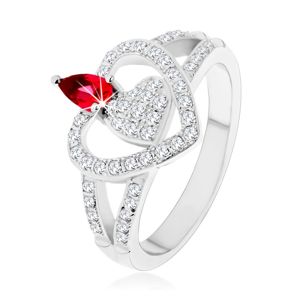 Stříbrný 925 prsten, dvě čirá zirkonová srdce, blyštivý růžový zirkon - Velikost: 60