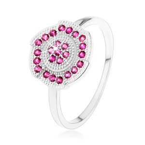 Stříbrný 925 prsten, gravírovaný kvítek zdobený růžovými zirkonky - Velikost: 52