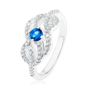 Stříbrný 925 prsten, modrý zirkonek, propletené zvlněné linie - Velikost: 54