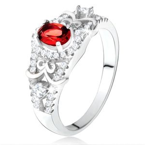 Stříbrný 925 prsten, oválný červený zirkon s čirým lemem, ozdobné linie - Velikost: 59