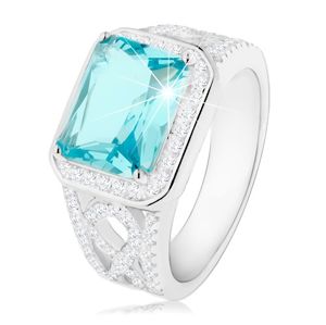 Stříbrný 925 prsten, ramena s ornamentem, světle modrý zirkon, čirá obruba - Velikost: 59