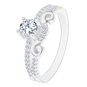 Stříbrný 925 prsten, rozdělená ramena, zirkon, ornament a zirkonová linie - Velikost: 65