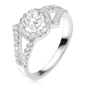 Stříbrný 925 prsten, rozvětvená ramena, okrouhlý kámen s lemem - Velikost: 50