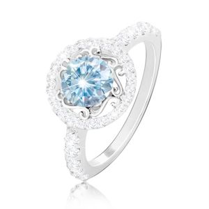 Stříbrný 925 prsten - světle modrý zirkon, ornamenty, zirkonový kruh a ramena - Velikost: 50