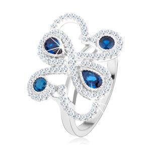 Stříbrný 925 prsten, třpytivé ornamenty, tmavomodré zirkony - Velikost: 50