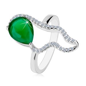 Stříbrný 925 prsten - velká zelená slza ze zirkonu, čirá asymetrická kontura - Velikost: 58