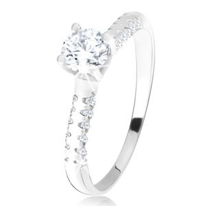 Stříbrný 925 prsten, vystouplý kotlík s čirým zirkonem, ozdobná ramena - Velikost: 59