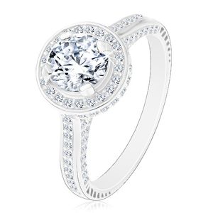 Stříbrný 925 prsten, zářivý kulatý zirkon čiré barvy ve třpytivém kruhu - Velikost: 54