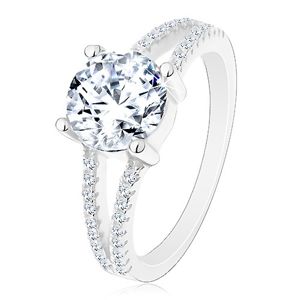 Stříbrný 925 prsten - zásnubní, rozdělená zirkonová ramena, zářivý kulatý zirkon - Velikost: 60