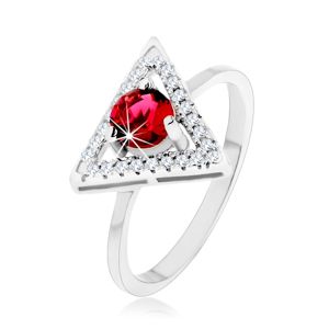 Stříbrný 925 prsten - zirkonový obrys trojúhelníku, kulatý červený zirkon - Velikost: 55