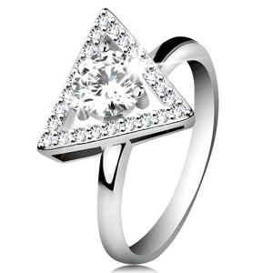 Stříbrný 925 prsten - zirkonový obrys trojúhelníku, kulatý čirý zirkon uprostřed - Velikost: 51