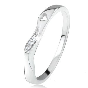 Stříbrný 925 prsten, zvlněná ozdobná část, výřez ve tvaru srdíčka, čiré zirkonky - Velikost: 50