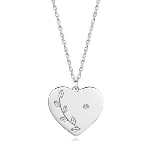 Stříbrný náhrdelník 925 - briliant, ploché srdce, gravírované listy