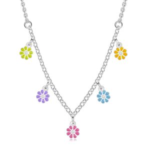 Stříbrný náhrdelník 925 - dětský, květiny s barevnými okvětními lístky