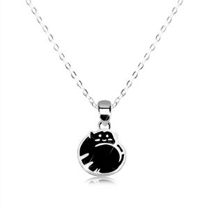 Stříbrný náhrdelník 925 - kočička v klubku, černá glazura, lesklý řetízek