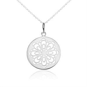 Stříbrný náhrdelník 925, kruhový přívěsek, vyřezávaný zdobený květ