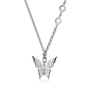 Stříbrný náhrdelník 925 - motýl, bílé sladkovodní perly, různé typy řetízků