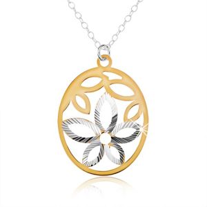Stříbrný náhrdelník 925, oválný přívěsek, výřez ve tvaru květu, okvětní lístky zlaté barvy