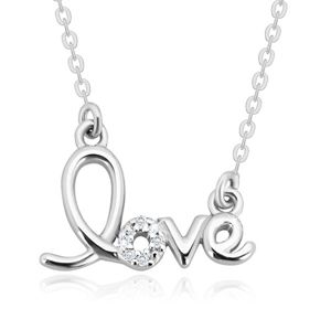 Stříbrný náhrdelník 925 - ozdobně tvarovaný nápis "love", blýskavé brilianty