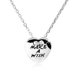 Stříbrný náhrdelník 925, ploché srdce s nápisem "MAKE A WISH"