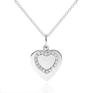 Stříbrný náhrdelník 925, ploché srdíčko a kontura srdce se zirkony
