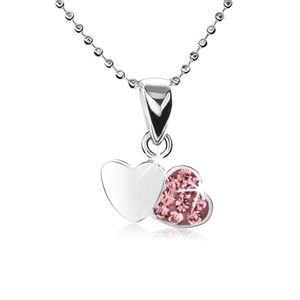 Stříbrný náhrdelník 925, řetízek z malých kuliček, dvě srdce, růžové zirkony