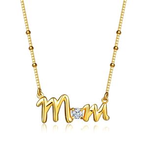 Stříbrný náhrdelník 925 - zlatá barva, nápis "Mom", kulatý zirkon, řetízek s kuličkami