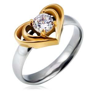 Stříbrný ocelový prsten se zlatým dvojitým srdcem, čirý zirkon - Velikost: 55