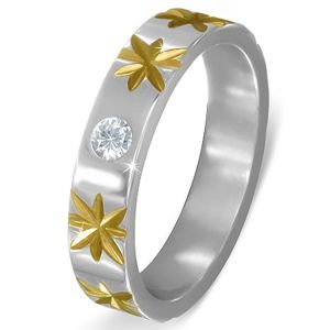 Stříbrný ocelový prsten se zlatými hvězdami a čirým zirkonem - Velikost: 51