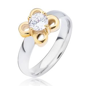 Stříbrný ocelový prsten, zlatý kvítek s čirým zirkonem - Velikost: 50