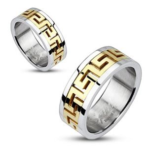 Stříbrný ocelový prsten - zlatý řecký motiv - Velikost: 69