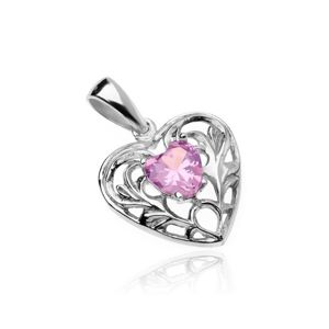 Stříbrný přívěsek 925 - zdobené srdce s růžovým zirkonovým srdíčkem